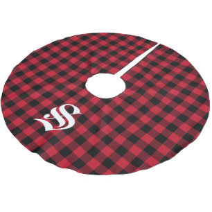 Custom Monogram Red Black Buffalo Plaid Brushed Polyester Tree Skirt