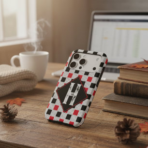 Custom Monogram Red & Black Buffalo Plaid Rustic iPhone 17 Pro Max Case