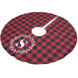 Custom Monogram Red Black Buffalo Plaid Wreath Brushed Polyester Tree Skirt