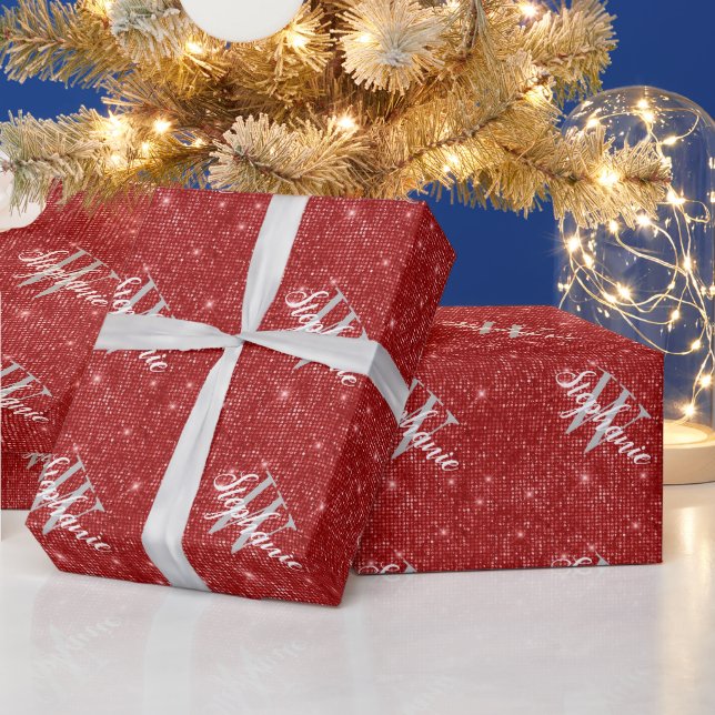 Custom Monogram Red Glitter Script Wrapping Paper (Holidays)
