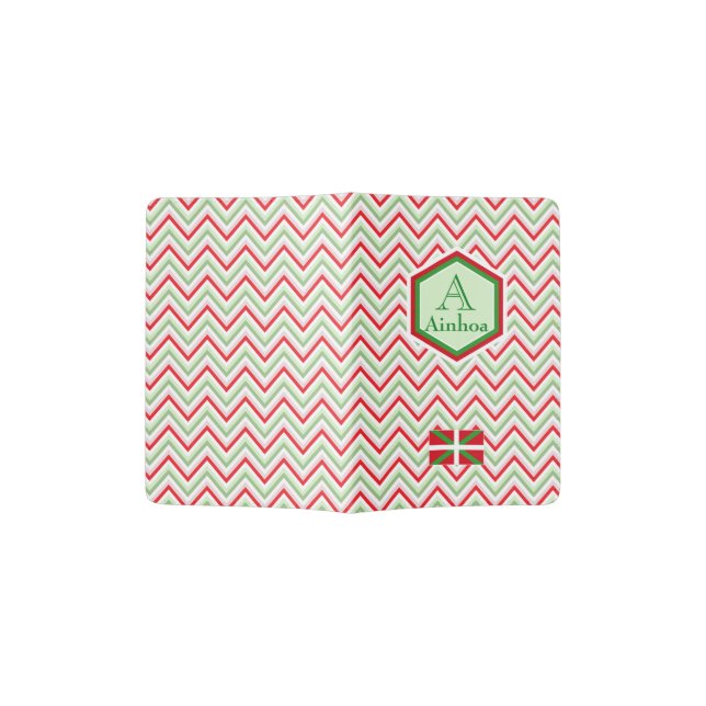 Custom monogram, red green Basque chevron pattern: Passport Holder (Opened)