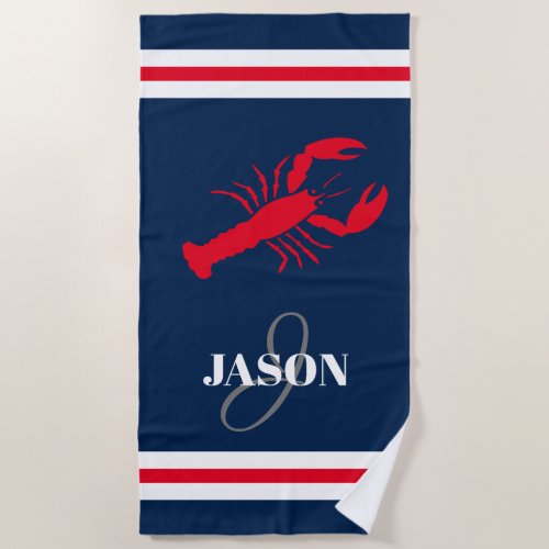 Custom monogram red lobster navy blue  red stripe beach towel