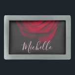 Custom monogram red rose vintage photograph black belt buckle<br><div class="desc">Macro photo of a beautiful red rose on black background with vintage grainy effect with custom personalizable monogram.</div>