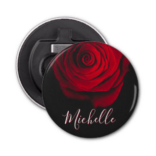 Custom monogram red rose vintage photograph black bottle opener