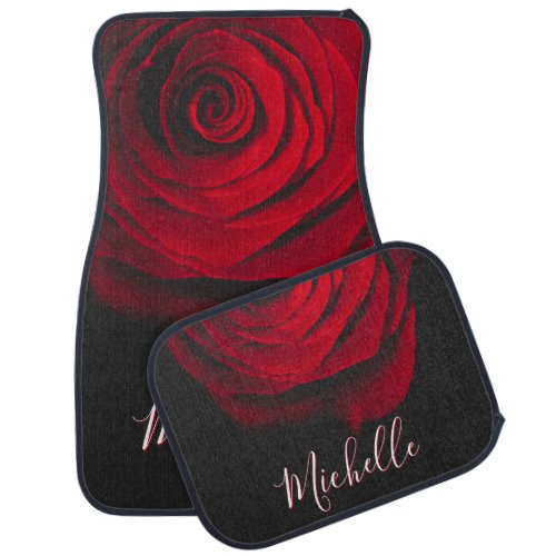 Custom monogram red rose vintage photograph black car floor mat