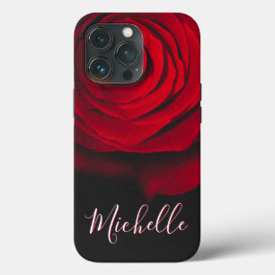 Custom monogram red rose vintage photograph black iPhone 13 pro case