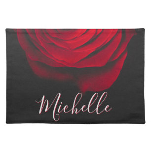 Custom monogram red rose vintage photograph black cloth placemat