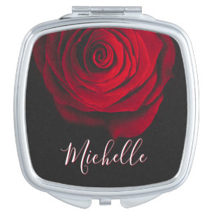 Custom monogram red rose vintage photograph black compact mirror