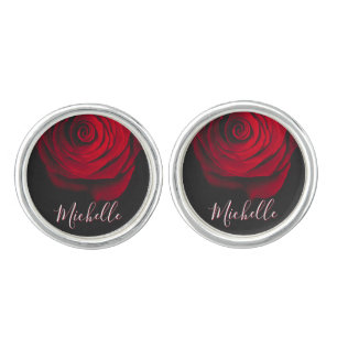 Custom monogram red rose vintage photograph black cufflinks