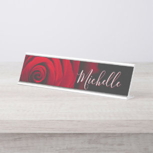 Custom monogram red rose vintage photograph black desk name plate