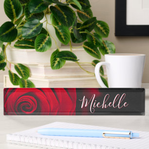 Custom monogram red rose vintage photograph black desk name plate