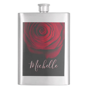 Custom monogram red rose vintage photograph black flask
