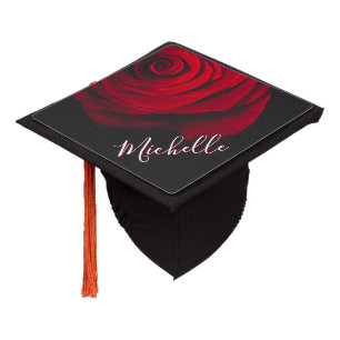 Custom monogram red rose vintage photograph black graduation cap topper
