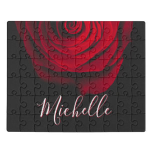 Custom monogram red rose vintage photograph black jigsaw puzzle