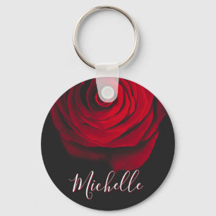 Custom monogram red rose vintage photograph black keychain