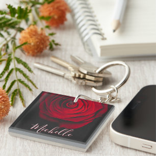 Custom monogram red rose vintage photograph black keychain