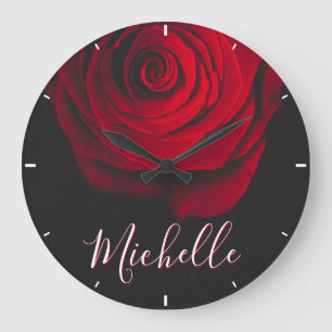 Custom monogram red rose vintage photograph black large clock