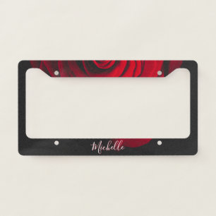 Custom monogram red rose vintage photograph black license plate frame