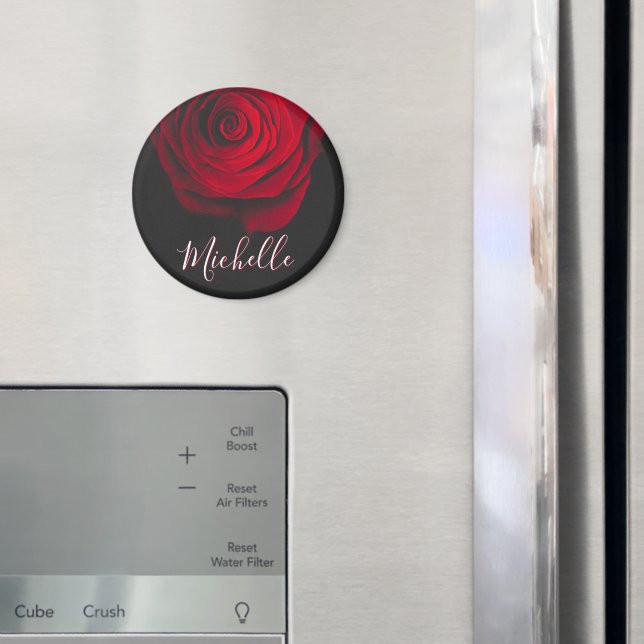 Custom monogram red rose vintage photograph black magnet (In Situ (Fridge))