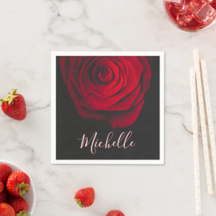 Custom monogram red rose vintage photograph black napkins