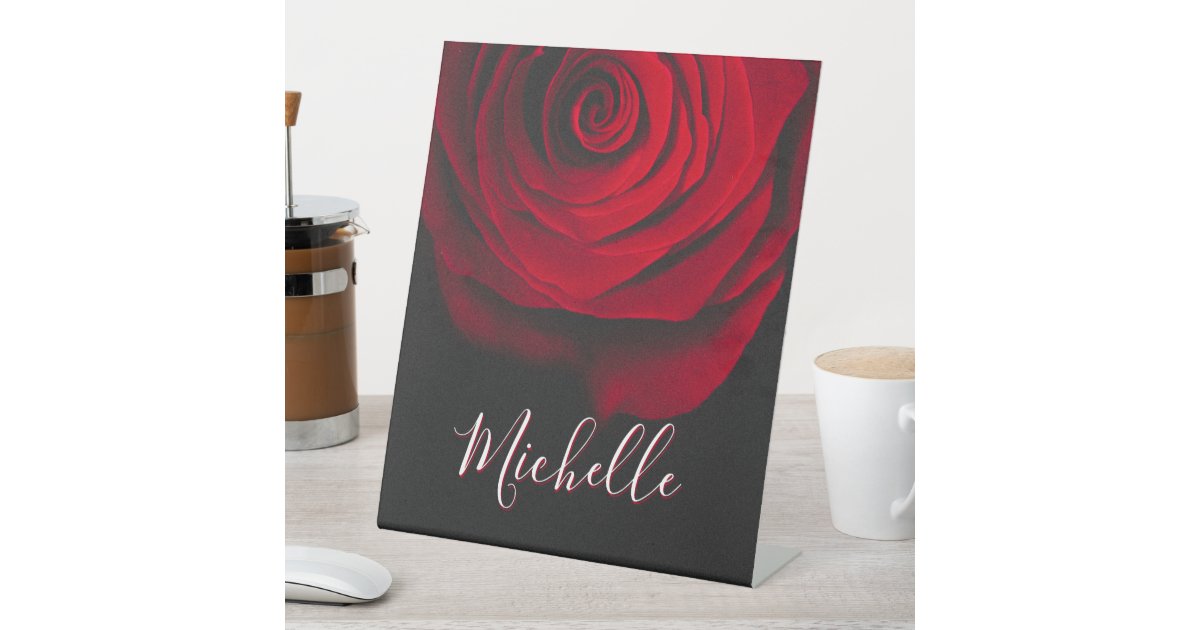 Custom monogram red rose vintage photograph black pedestal sign | Zazzle