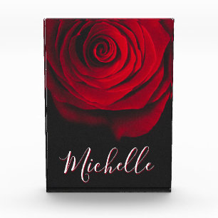 Custom monogram red rose vintage photograph black photo block