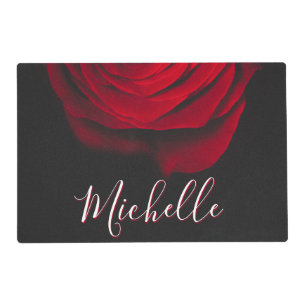 Custom monogram red rose vintage photograph black placemat