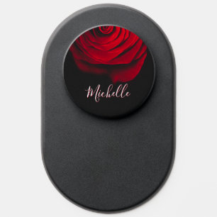 Custom monogram red rose vintage photograph black PopSocket