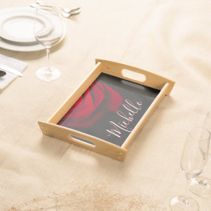 Custom monogram red rose vintage photograph black serving tray