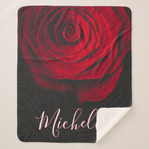 Custom monogram red rose vintage photograph black sherpa blanket