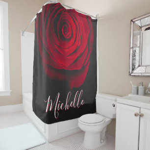 Custom monogram red rose vintage photograph black shower curtain