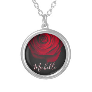 Custom monogram red rose vintage photograph black silver plated necklace