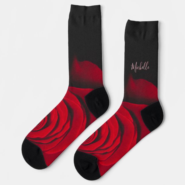 Custom monogram red rose vintage photograph black  socks (Left)