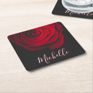 Custom monogram red rose vintage photograph black square paper coaster