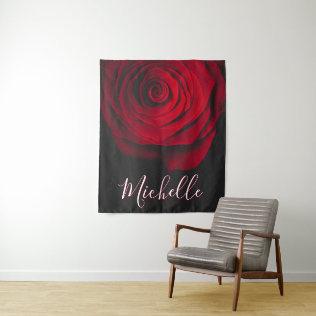 Custom monogram red rose vintage photograph black tapestry (In Situ)