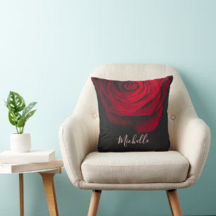 Custom monogram red rose vintage photograph black throw pillow