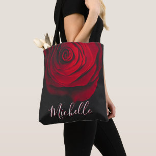 Custom monogram red rose vintage photograph black tote bag