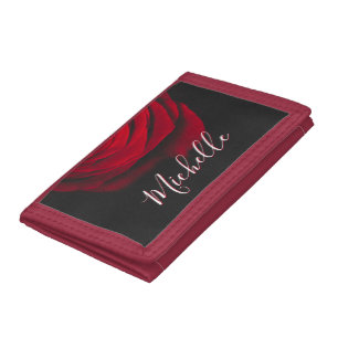 Custom monogram red rose vintage photograph black tri-fold wallet