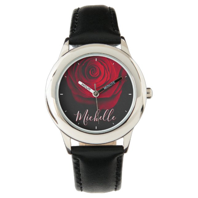 Custom monogram red rose vintage photograph black watch (Front)