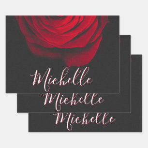 Custom monogram red rose vintage photograph black wrapping paper sheets