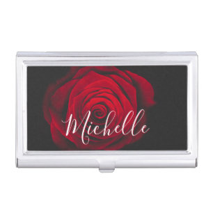 Custom monogram red rose vintage photograph business card case
