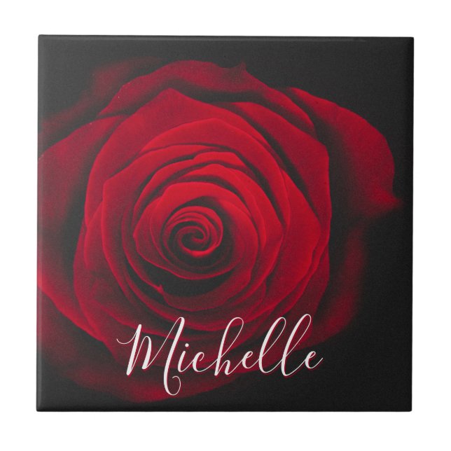 Custom monogram red rose vintage photograph ceramic tile (Front)