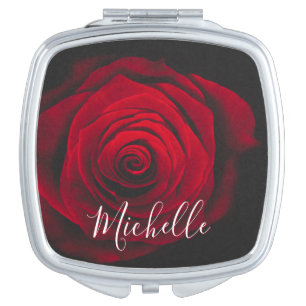 Custom monogram red rose vintage photograph compact mirror