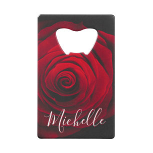 Custom monogram red rose vintage photograph credit card bottle opener