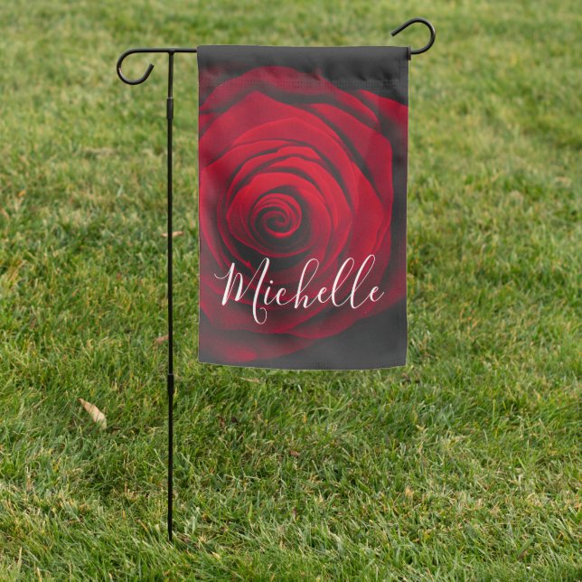 Custom monogram red rose vintage photograph  garden flag (In SItu)