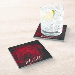 Custom monogram red rose vintage photograph glass coaster