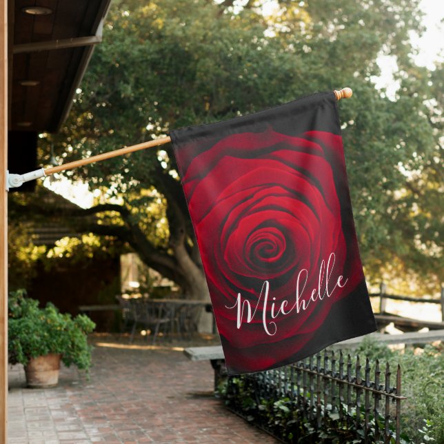 Custom monogram red rose vintage photograph  house flag (In SItu)