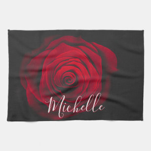 Custom monogram red rose vintage photograph kitchen towel