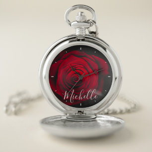 Custom monogram red rose vintage photograph pocket watch