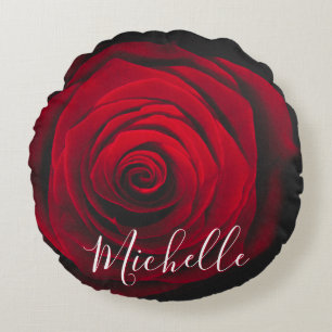 Custom monogram red rose vintage photograph round pillow